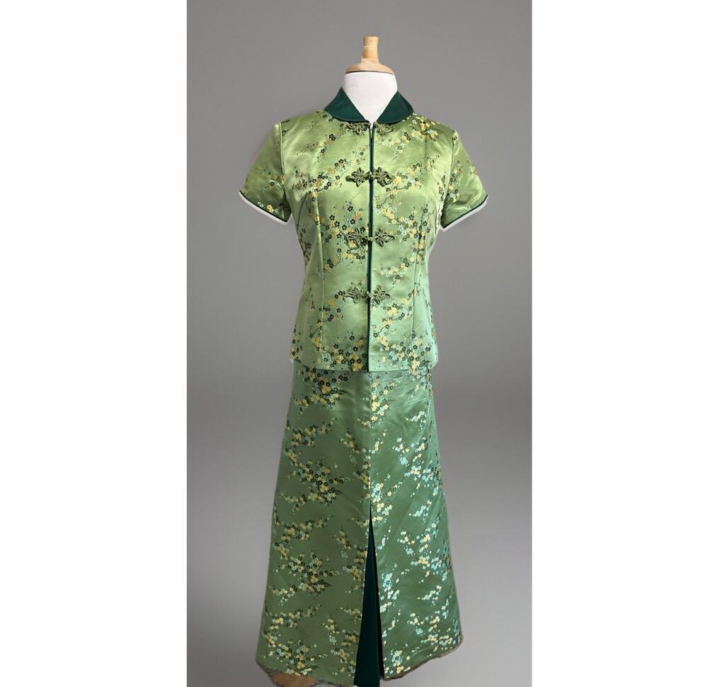 Vtg 60s 70s Chinese Qipao Cheongsam 2pc Skirt Set Green Floral Satin Brocade